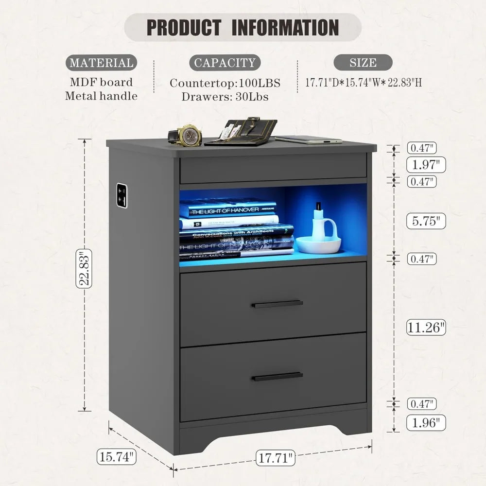 Nightstand Set of 2 with Gun Drawer: Smart LED Bedside Table Charging Station and 3 Color Lights, Modern Night Stand End Table