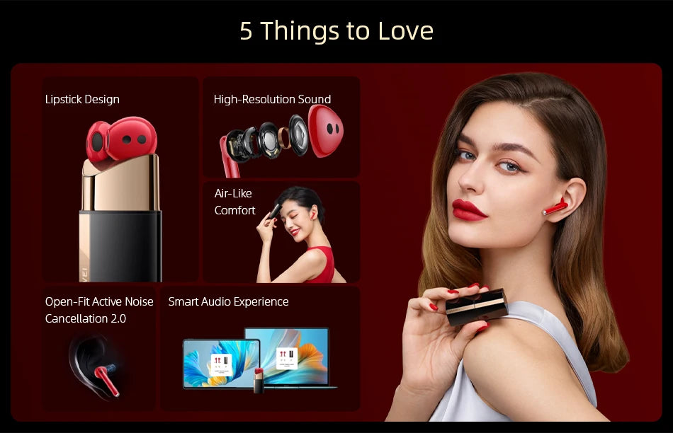 Huawei FreeBuds Lipstick Headphone Original High Resolution Sound Air-Like Comfort Open-Fit Active Noise Cancellation 2.0 Red