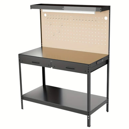 Heavy-Duty Steel Workbench with Wood Top, Sturdy Construction, Spacious Storage, Built-in LED Lighting