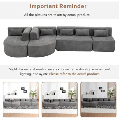 Sectional sofa, 4 free sectional sofas, modern upholstered sofa in Boucle fabric with 2 chaise longues and 5 cushions, beige - MarvelouStoree