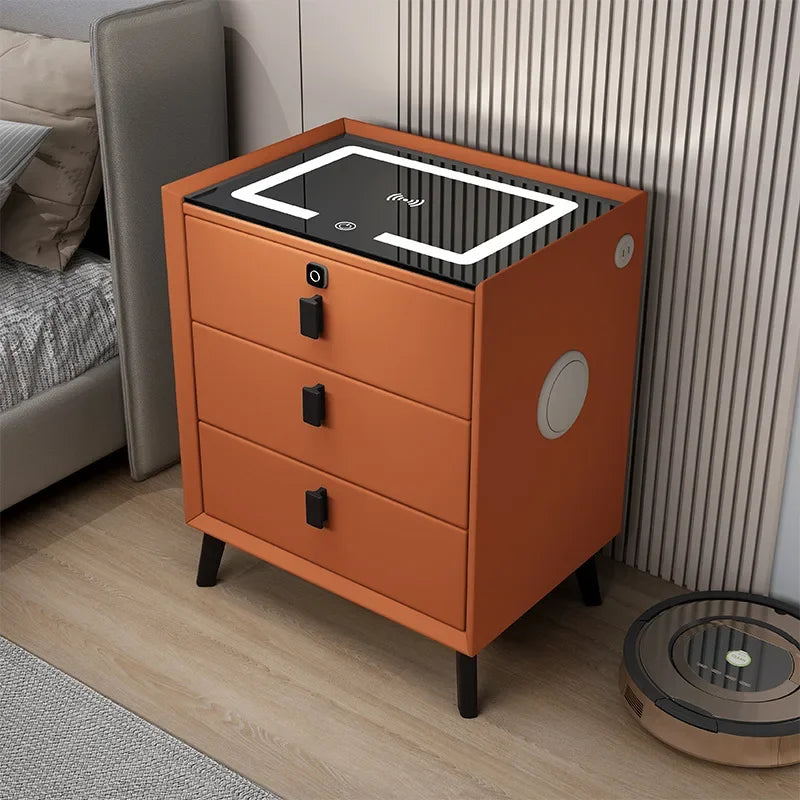 3 Drawers Smart Bedside Table with Wireless Charging Solid Wood Bedroom End with Fingerprints Lock Hotel Nightstands