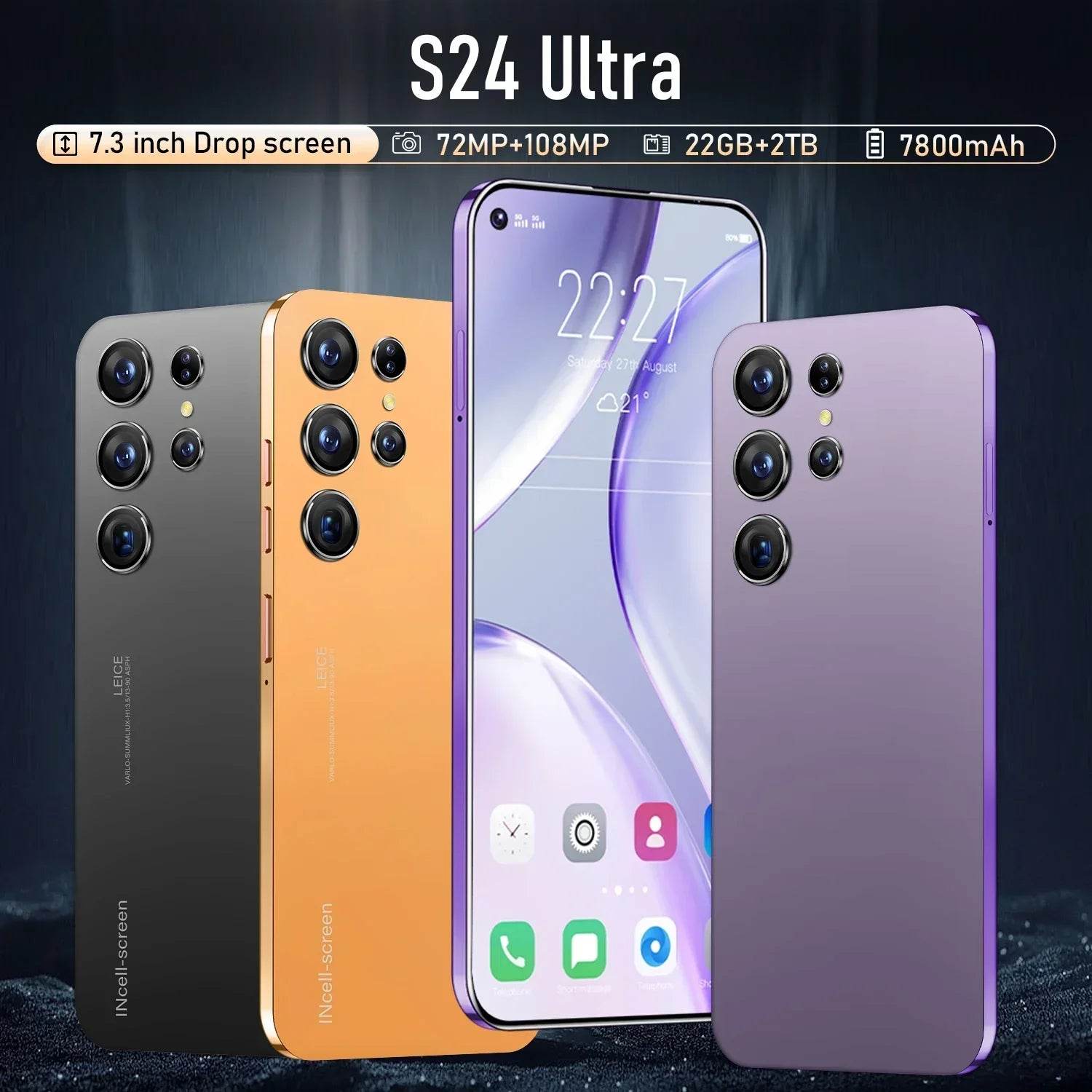 S24 Ultra Original smartphone 5G 7.3 HD Screen CASES 22GB RAM 2TB ROM Dual SIM 7800mAh Battery Expandable Mobile Phones Global Version - MarvelouStoree