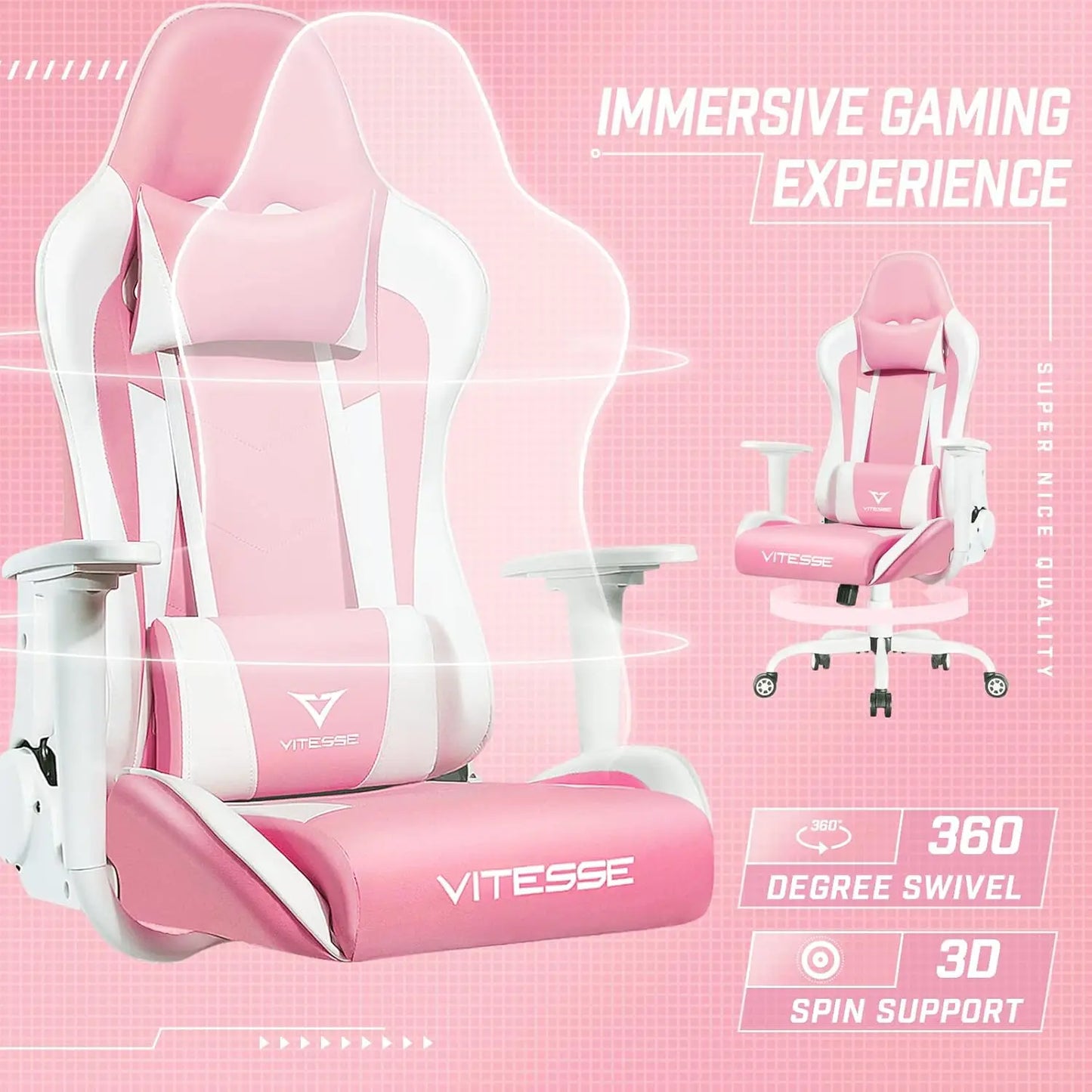 Pink Cute Kawaii Gaming Chair for Girl Ergonomic Desk Racing Office Adjustable High Back Game Swivel Leather Chair with L