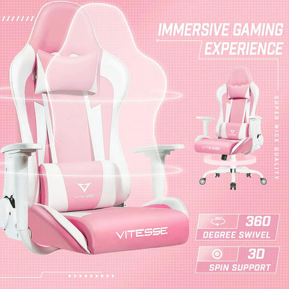 Pink Cute Kawaii Gaming Chair for Girl Ergonomic Desk Racing Office Adjustable High Back Game Swivel Leather Chair with L