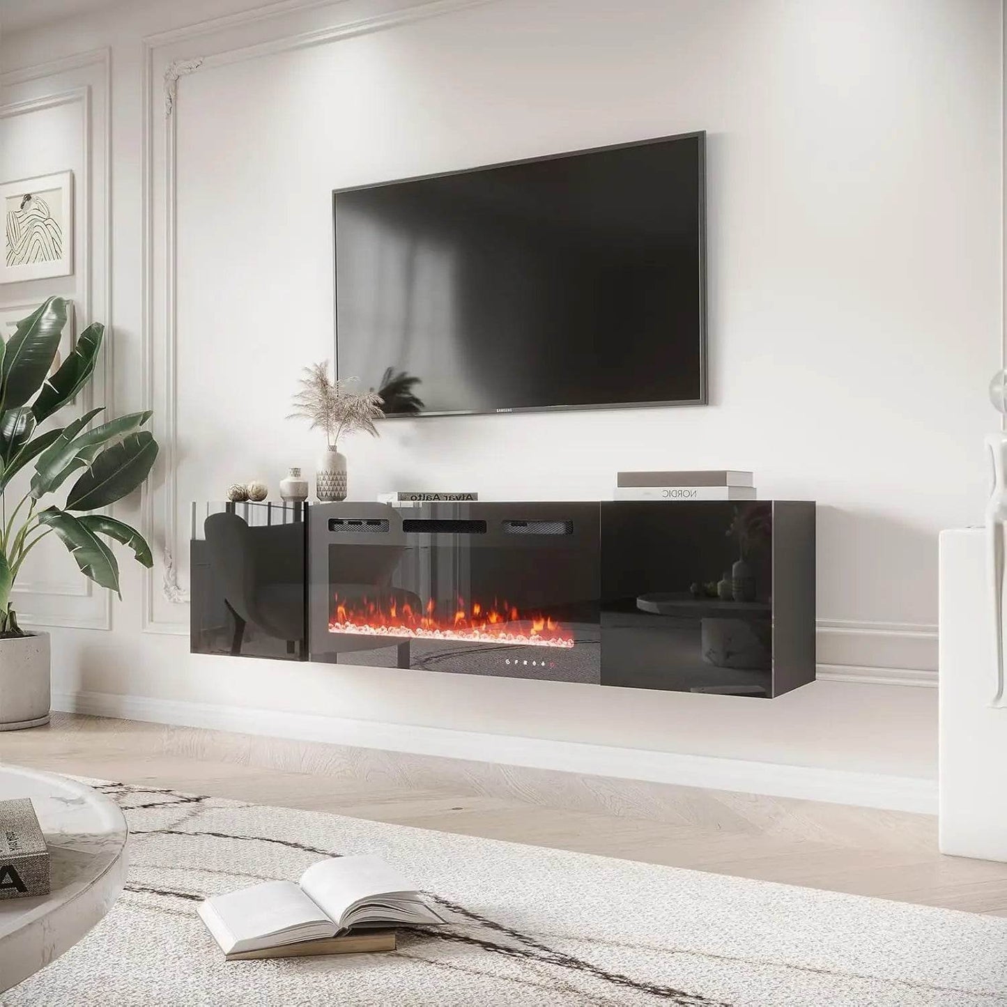 Floating TV Stand with 36'' Electric Fireplace, High Gloss Finish Entertainment Center with 12 Flame Fireplace Insert Heater - MarvelouStoree