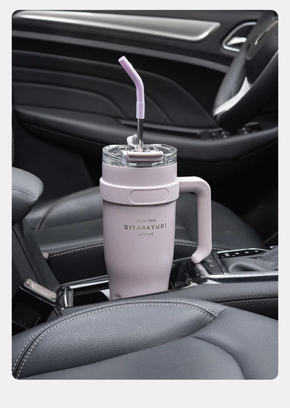 Large Capacity Car Insulated Cup Handle Straw Cup Stainless Steel Office Outdoor Travel Coffee Cup