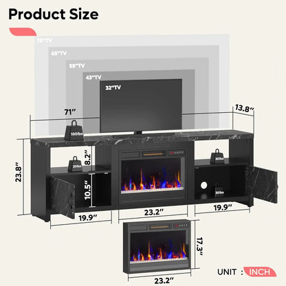 70 Inch Fireplace TV Stand for 75 TVs Modern Entertainment Center with LED Lights Storage Cabinets and Adjustable Shelves