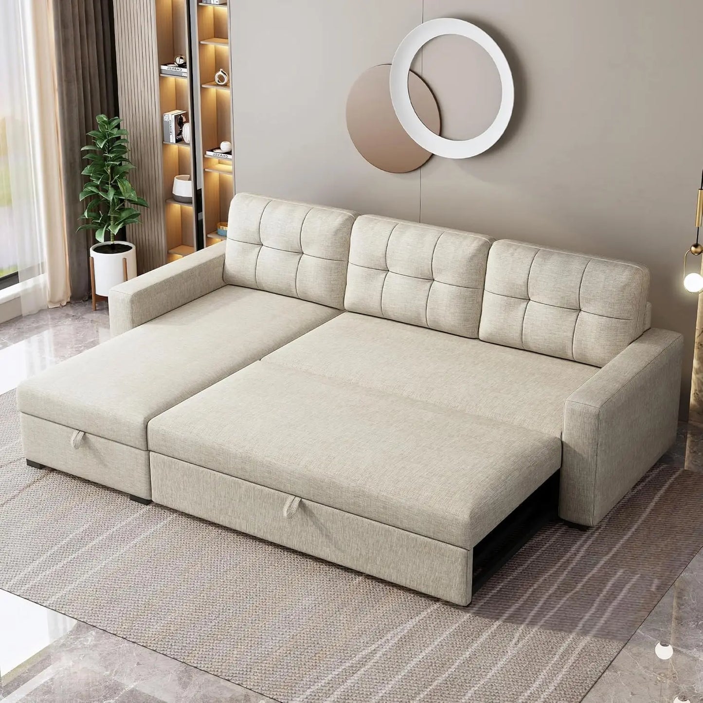 81.5" Sectional Sleeper Sofa with Storage Chaise, L Shaped Pull Out Couch Bed with 3 Removable Back Cushion for Living Room, Apa