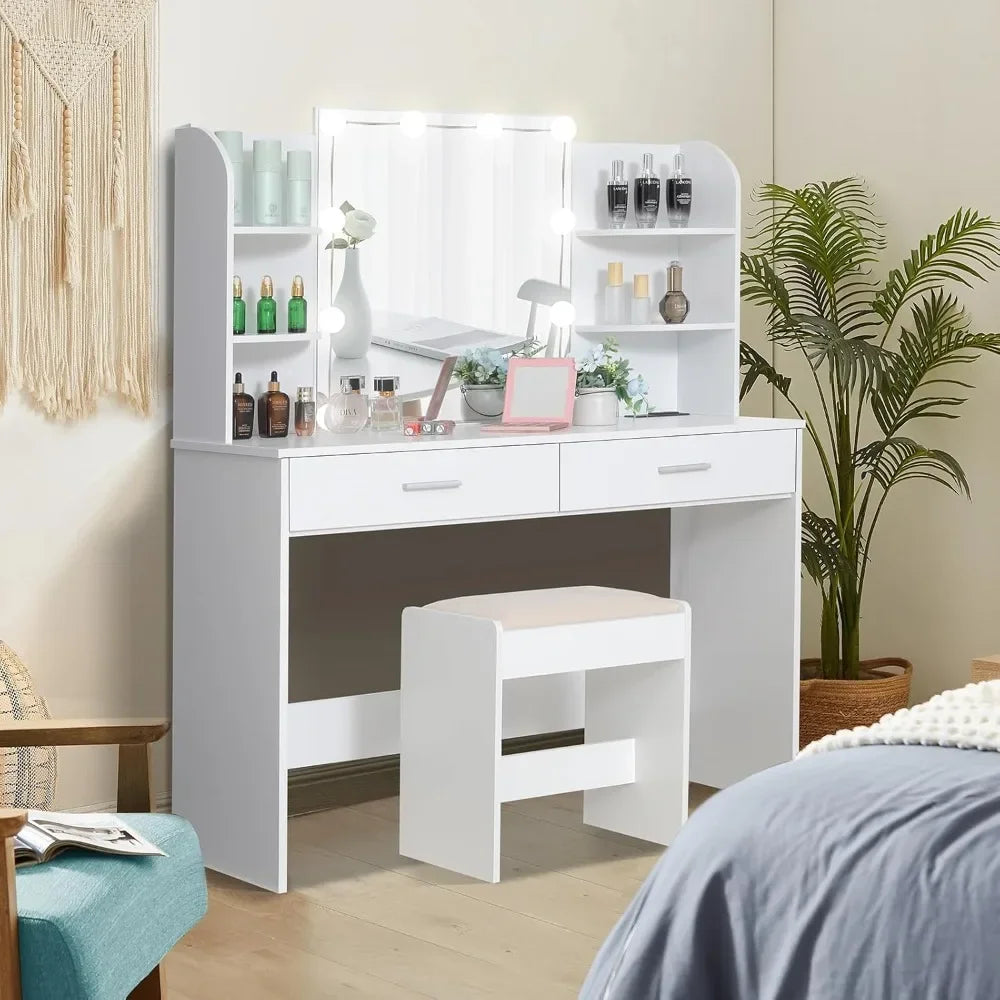 Mirror Vanity Makeup Table Set with  Drawers and Open Shelves