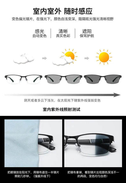 Men's Vintage Business Photochromic Myopia Glasses Half Frame Metal Blue Light Blocking Eyewear Classic UV Shades Sunglasses - MarvelouStoree