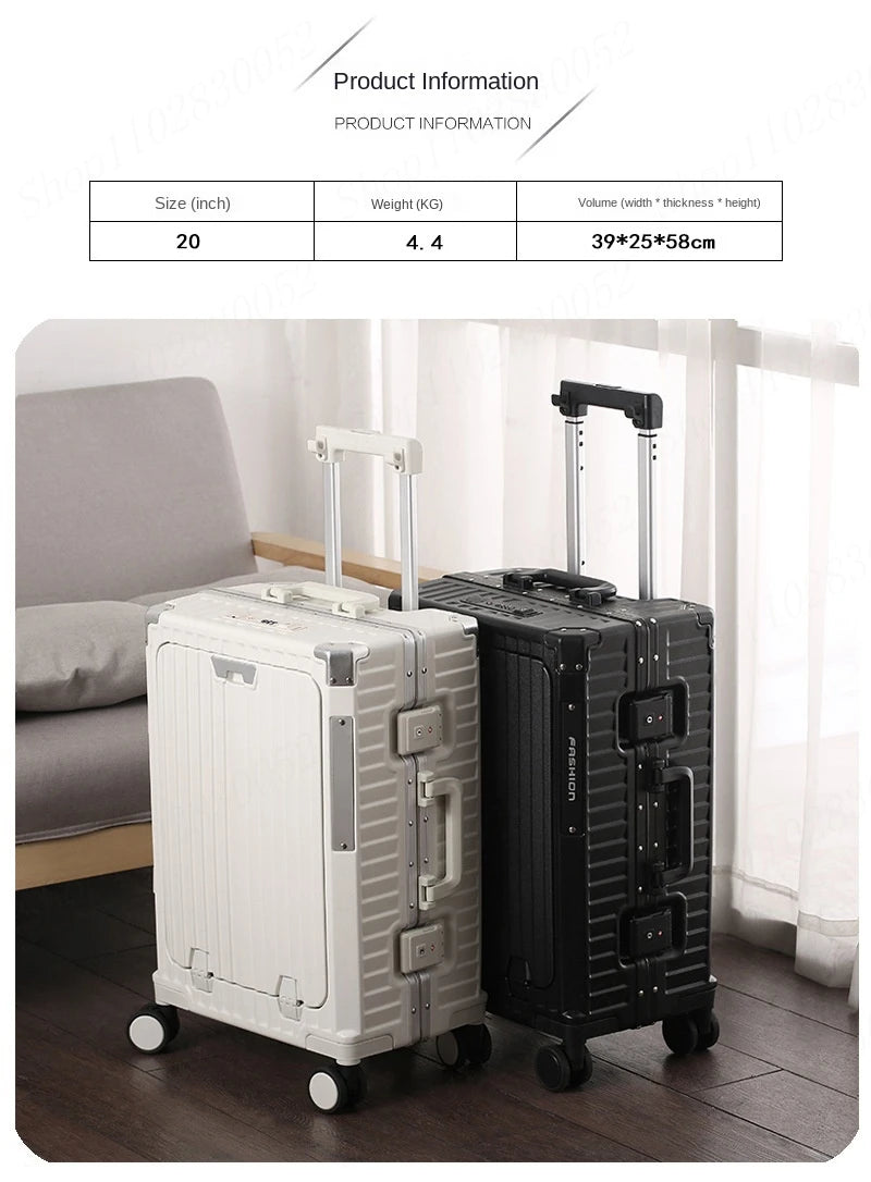 High Quality Suitcase Front Opening Luggage USB Phone Stand Aluminum Frame Rolling Trolley 20"26" Carry-on Suitcases Travel Bags