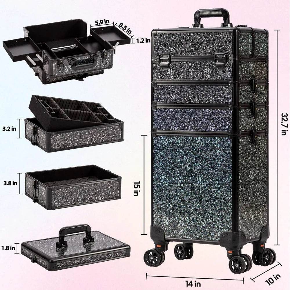 Rolling Makeup Train Case Large Storage Cosmetic Trolley 5 in 1 Large Capacity Trolley Makeup Travel Case with Key Swivel Wheels - MarvelouStoree