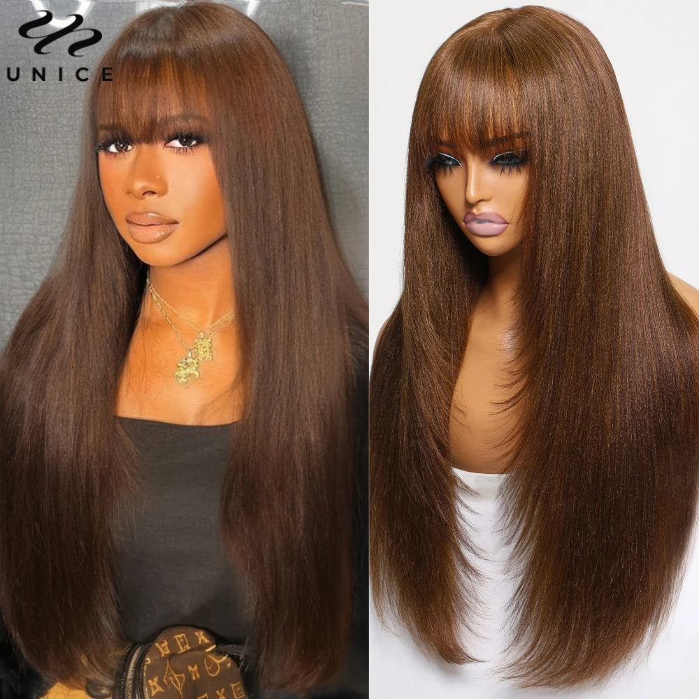 Unice Yaki Straight 4x2 Lace Wig #4 Brown Color Human Hair Wig With Bangs Layered Cut Glueless Wigs Human Hair Ready To Wear