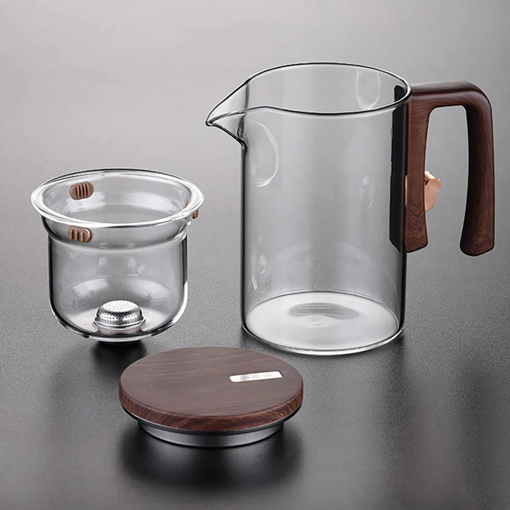 520ML/720ML Glass Teapot Water Separation Inner Container One Click Magnetic Switch Tea Filtration Tea Pot Wood Handle Cup Set