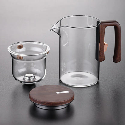 520ML/720ML Glass Teapot Water Separation Inner Container One Click Magnetic Switch Tea Filtration Tea Pot Wood Handle Cup Set