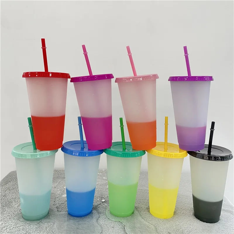 5/10 Pack 5/10 Colors Allochroic Straw Cup 710 ml PP Plastic Large Tumblers with Straw Color Changed For Cold Water Juice Wine