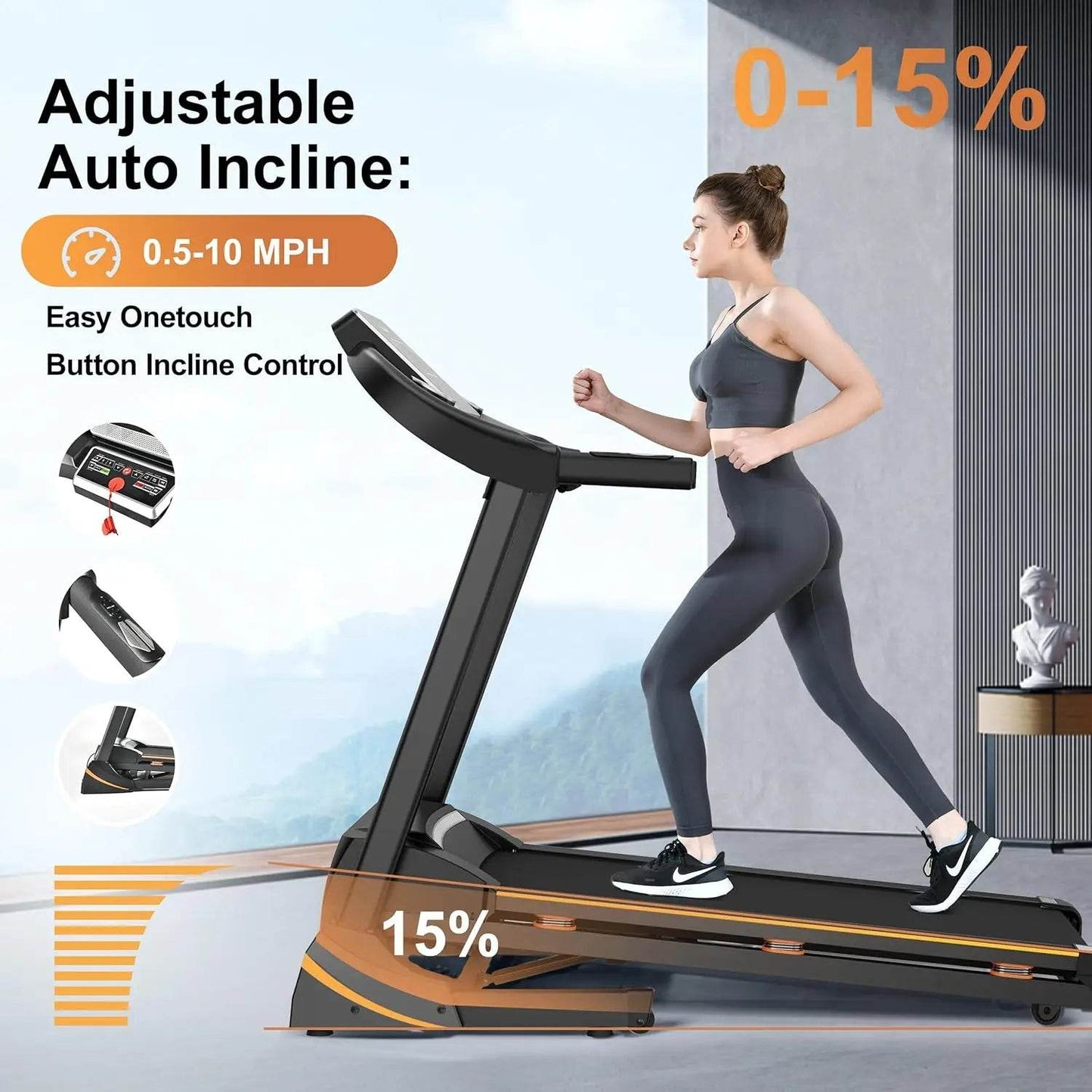 Treadmills for Home, Treadmill with 0-15% Auto Incline, 3HP Folding Treadmill for Running Walking with 280LBS Weight Capacity, I - MarvelouStoree