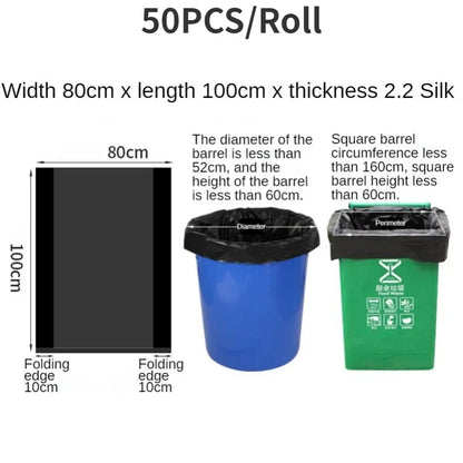 50PCS/1Roll Large Garbage Bags 50L/100L Black Hotel Property Super Large Plastic Bag Flat Mouth Thickening Trash Bags