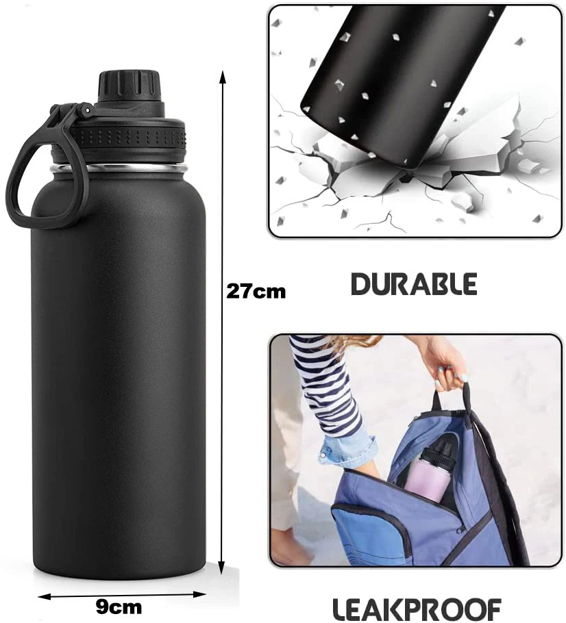 1000ml Stainless Steel Vacuum Insulated Sports Water Bottle with 100% Leak-Proof Travel Lid, w/Paracord Survival Handle, 32 oz