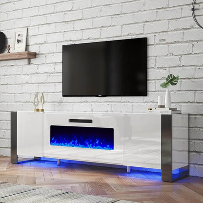 U Shaped Legs 70 inch Fireplace TV Stand Mirrored Finish Media Console with Electric Fireplace Modern LED Lights Storage White - MarvelouStoree