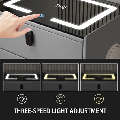 Nightstand Touch Sensing Led Light Dual Usb Smart Wireless Charger Speaker Design Fingerprint Lock Bedside Table Cabinet