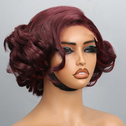 Idoli Brown Bob Wig Human Hair Pre Cut Glueless HD Lace Closure Wigs, Big Curly Mature Boss Left C Parted Frontal Wig For Women