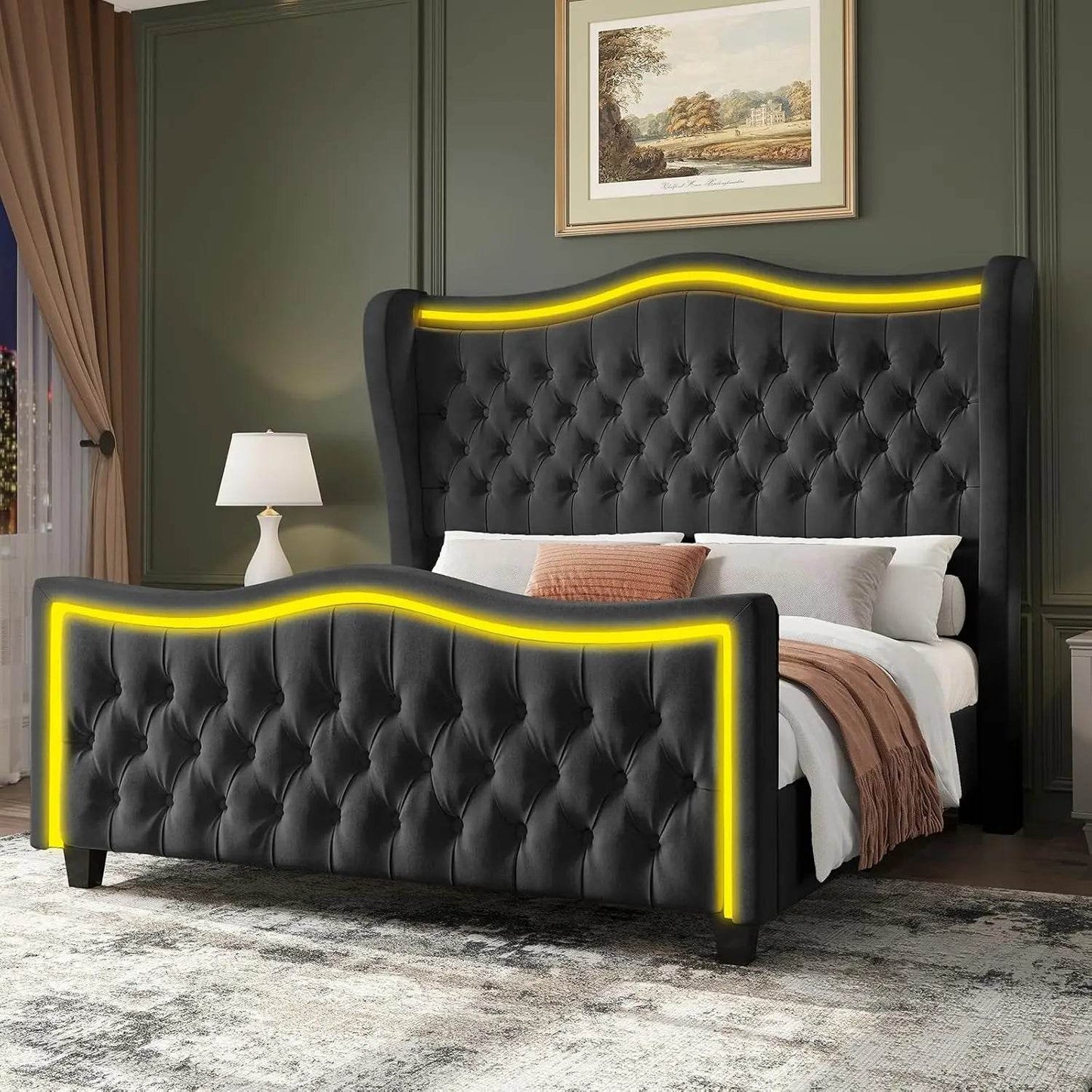 King Size Bed Frame with LED Lights, 53'' Upholstered Platform Wingback Bed with Handmade Deep Button Tufted Headboard Footboard - MarvelouStoree