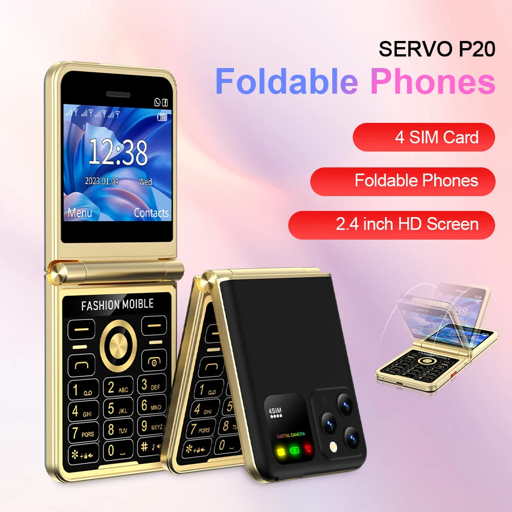 SERVO P20 4 SIM Card Flip Mobile Phone GSM Speed Dial Bluetooth 2.4'' Screen Magic Voice LED Flashlight Unlocked Fold Cellphone