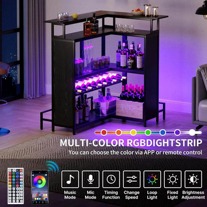 Dwvo L-Shaped Home Bar Unit With Led Light App Control, 4 Tier Tall Liquor Table With Wine Rack, Storage Shelves And Glasses - MarvelouStoree