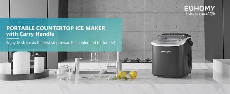 EUHOMY Ice Maker Countertop , 26lbs in 24Hrs, 9 Ice Cubes Ready in 6 Mins, Auto-Cleaning Portable Ice Maker with Basket Scoop