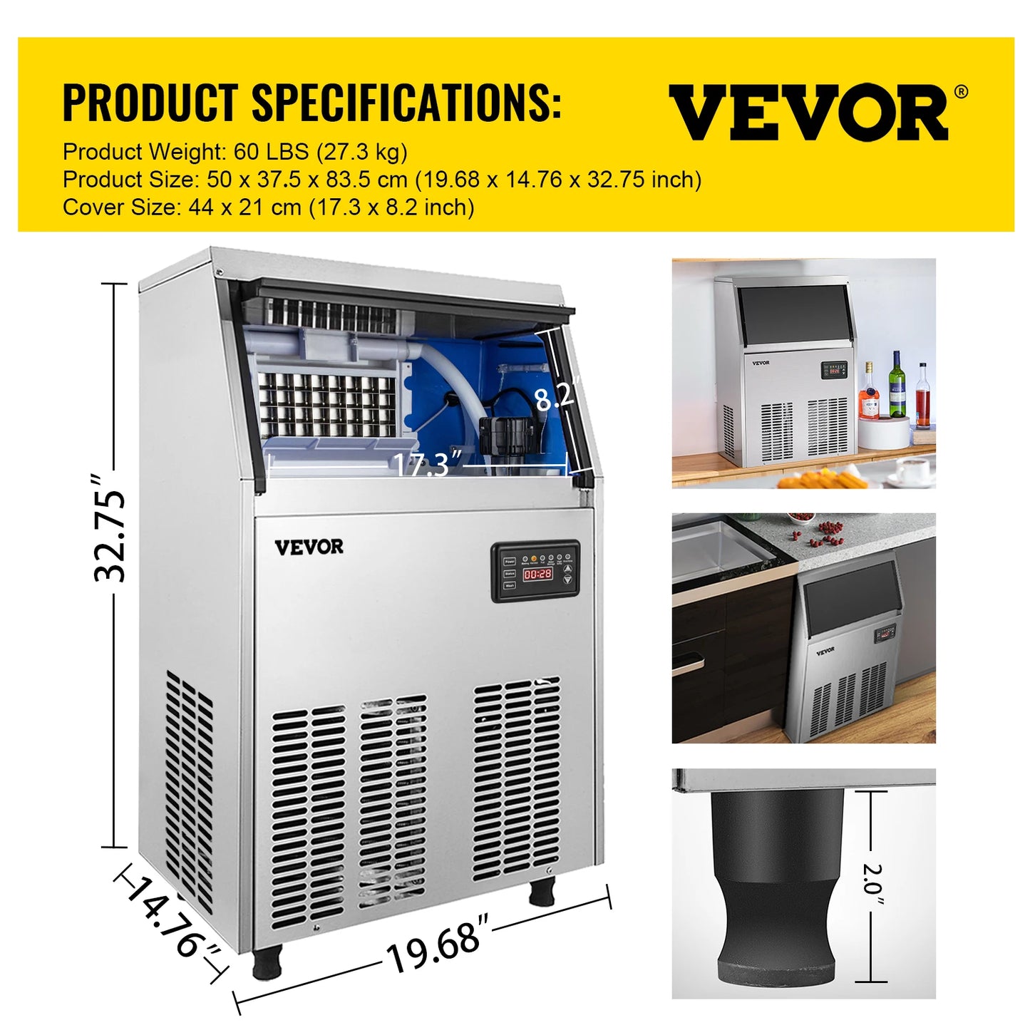 VEVOR Commercial Cube Ice Maker 40-70 KG/24H Freestanding Auto Clear Liquid Freezer Ice Generator Machine 110V Home Appliance