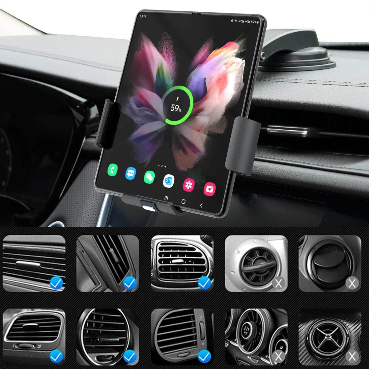 Dual Coil Fold Screen Car Wireless Charger For Samsung Galaxy Z 4 3 Fold Flip iPhone 15 14 Fast Phone Charging Vent Mount Holder - MarvelouStoree