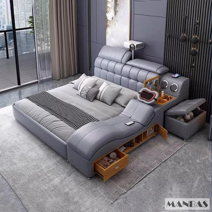 Linlamlim Luxury King Size Genuine Leather Bed / Tech Smart Bed / Multifunctional Ultimate Beds / Massage Bed with USB,Projecter