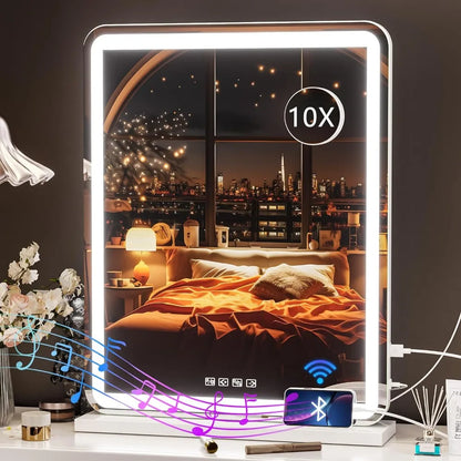 Vanity Mirror with Lights and Bluetooth Speaker, LED Makeup Mirror, Light up Mirror with 10X Magnification and USB Charging Port