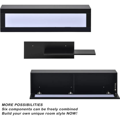 Wall Mount Floating TV Stand with Four Media Storage Cabinets and Two Shelves, 95+ Inch Television, 16-Color RGB LED Lights