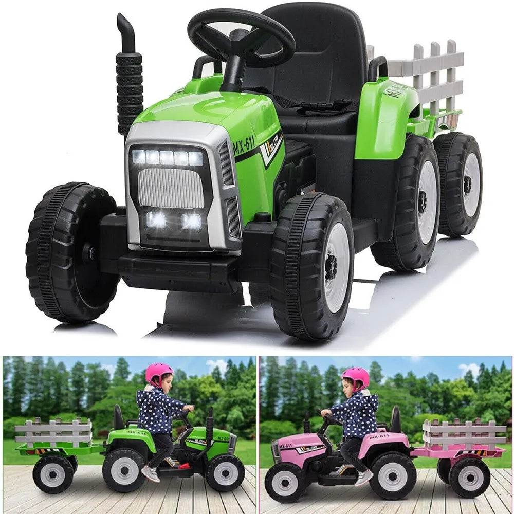 12V Kids Electric Ride on Tractor Car & Trailer W/MP3 Player & LED Light Remote Control Battery Powered Gift for Xmas - MarvelouStoree