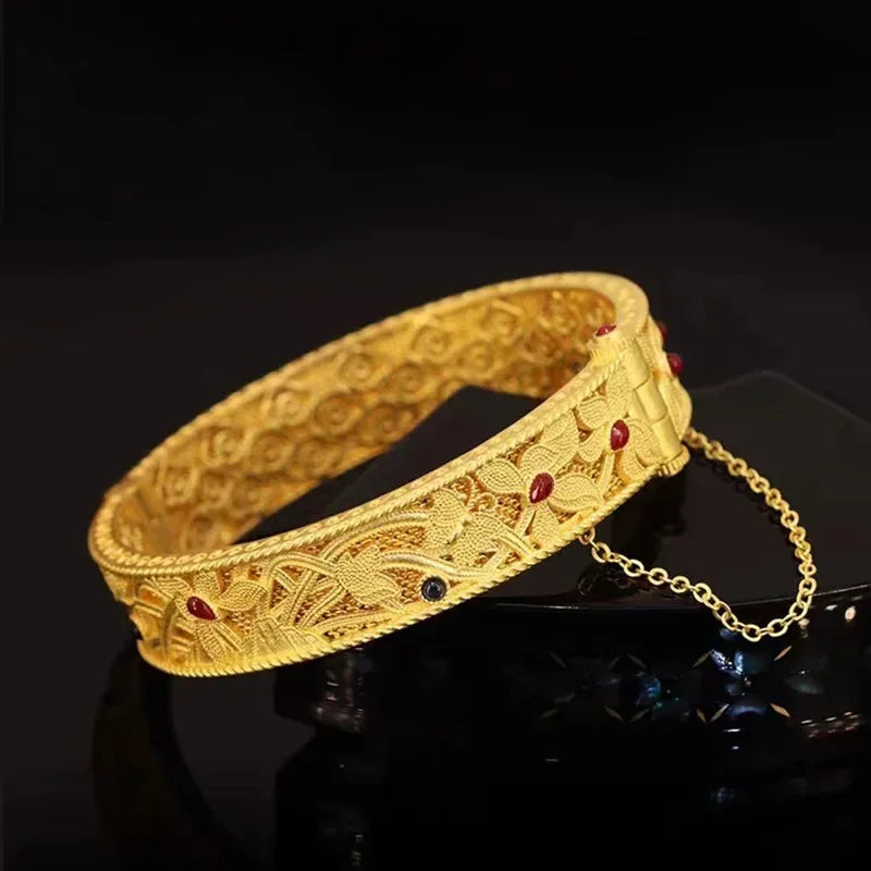 24K real gold bracelet AU750 national trend enamel orchid heart retro palace style 999 hollow filigree Joyria womens jewelry