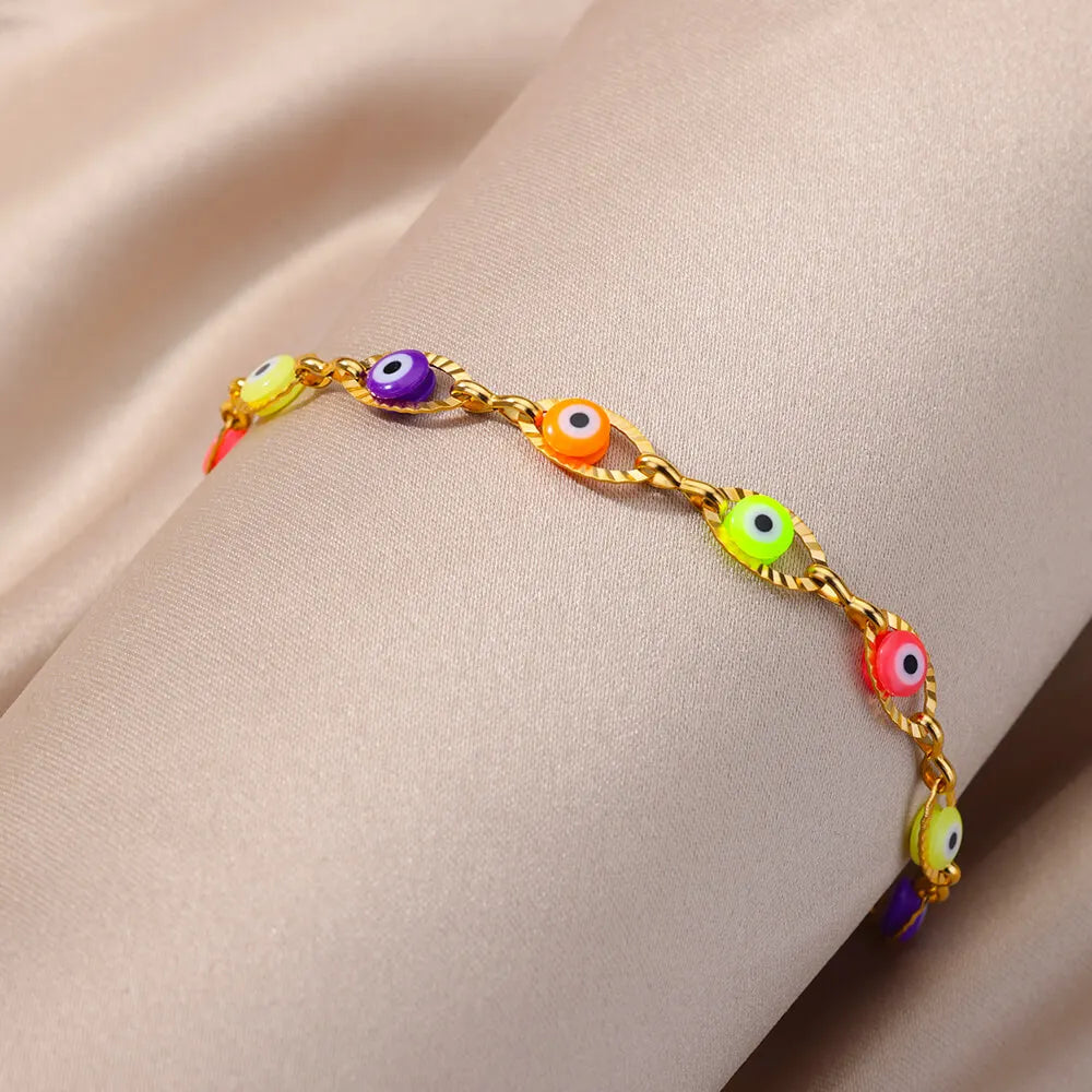 Gothic Rainbow Evil Eye Bracelets For Women Stainless Steel Gold Color Turkish Demon Chain Charm Bracelet Summer Beach Jewelry