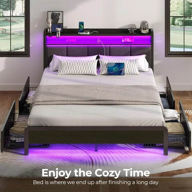 Rolar Bed Frame Queen Size with Charging Station and LED Lights,Upholstered Storage Headboard with Drawers,Heavy Duty Metal - MarvelouStoree