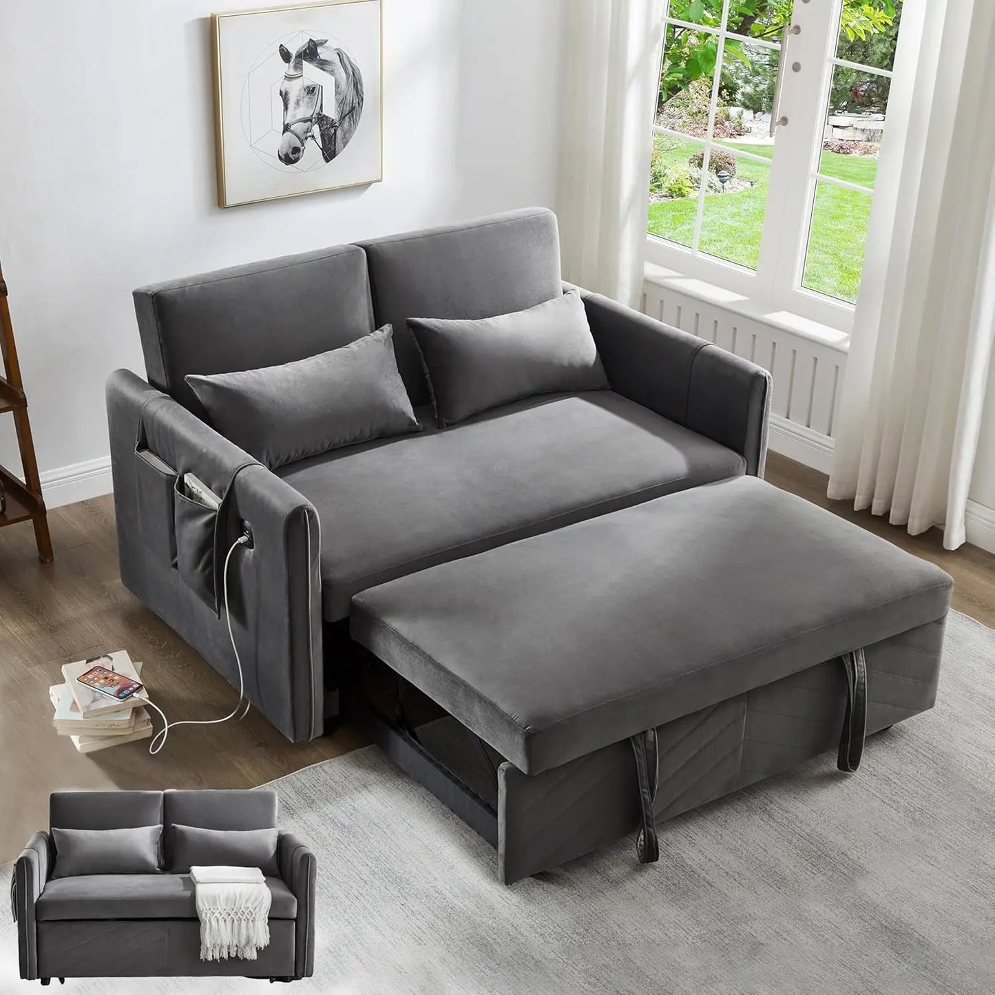 3 in 1 Pull Out Convertible Sofa Bed with USB Ports - 55" Modern Velvet Sleeper Sofa with 3 Level Adjustable Backrest, Loveseat