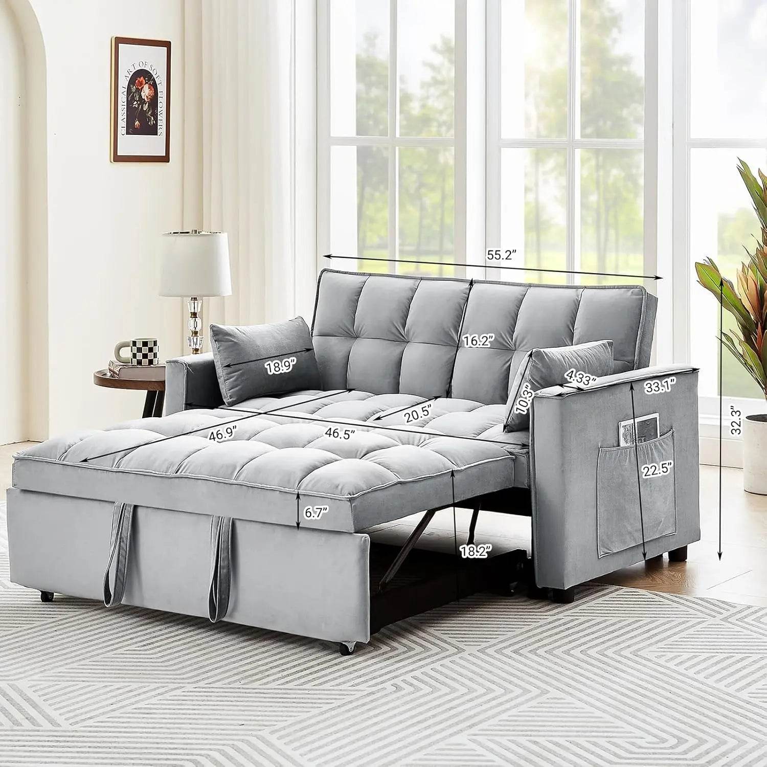 Convertible Sofa Bed, 3-in-1 Multi-Functional Velvet Sleeper Pull-Out Couch, 55'' Loveseat Bed Chaise Lounge with Adjustable - MarvelouStoree