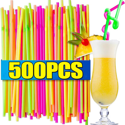 100/500Pcs Colorful Drinking Plastic Straws Flexible Milk Bubble Tea Disposable Straw Wedding Party Kitchen Bar Drinks Supplies