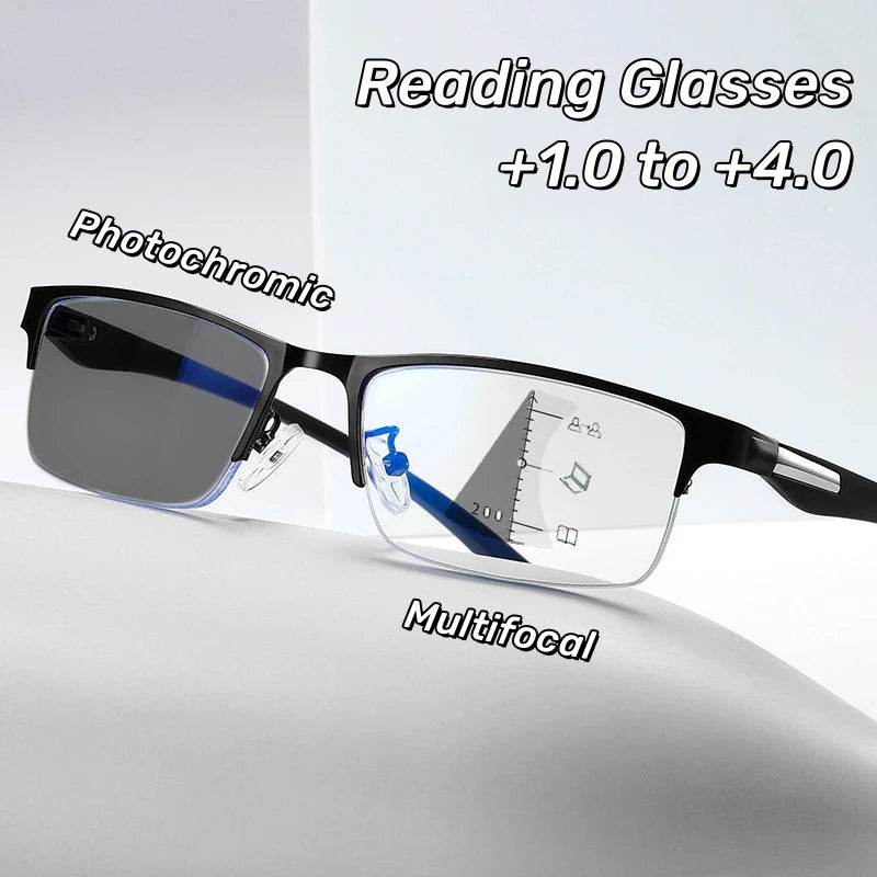 Progressive Multifocal Photochromic Reading Glasses Anti-blue Light Far Sight Glasses Men Half Frame Business Presbyopia Glasses - MarvelouStoree