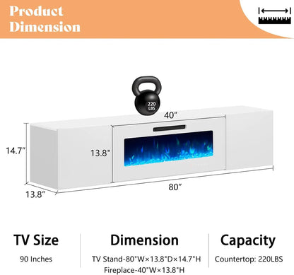 Floating Fireplace TV Stand, Wall Mounted Mirrored Entertainment Center 40" Electric ,LED Lights Media Console for TVs Up to 90"