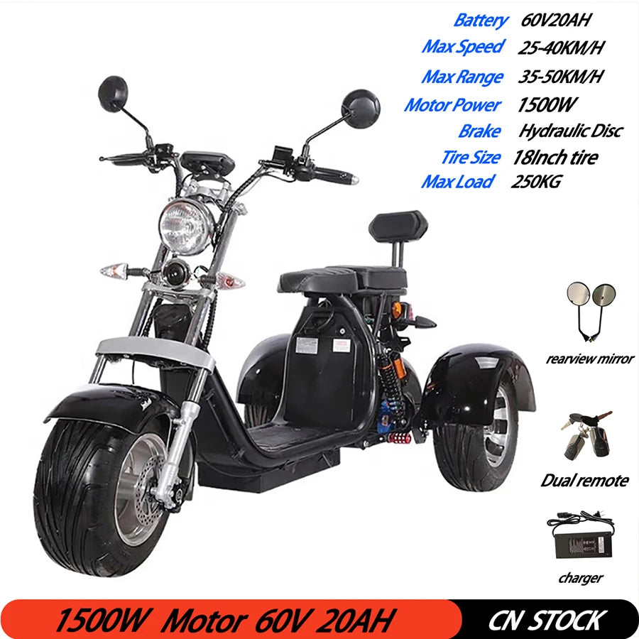 18Inch Fat Tire Electric Motorcycle Max Speed 40KM/H 1500W Powerful Motor Max Load 250KG Adult Citycoco Electric 3 Wheel Scooter