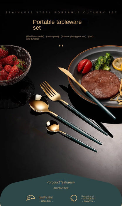 24pcs Gold Dinnerware Set Stainless Steel Steak Knife Fork Coffee Spoon Teaspoon Flatware Dishwasher Safe Kitchen Tablewar