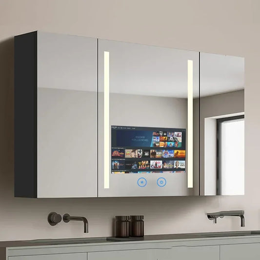 Cabinet With Smart TV Mirror, 3 Door Wall Mounted Cabinet Anti Fog Smart Led Medicine Storage Washroom Toilet Bathroom