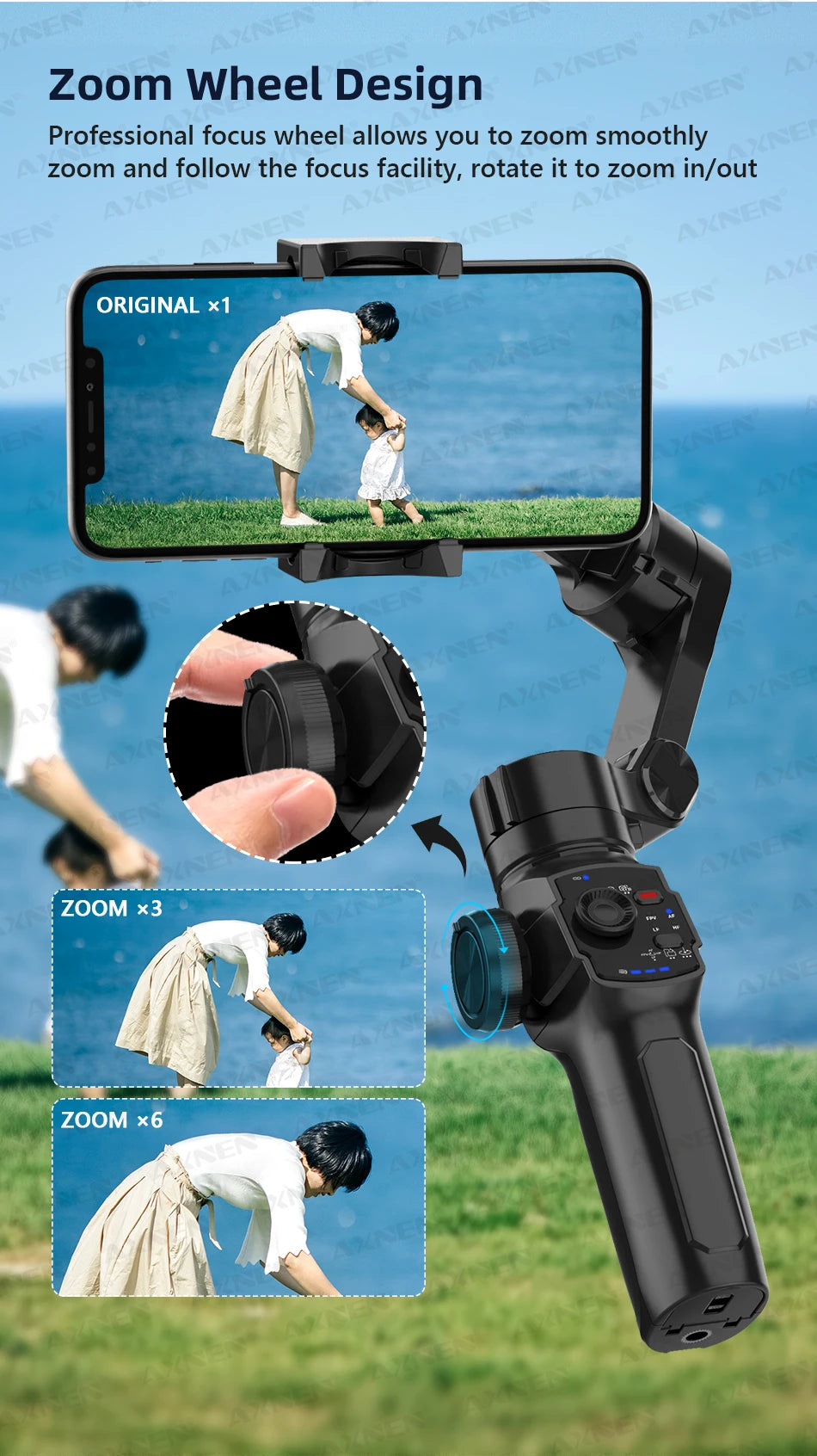 AXNEN HQ4 Smartphone Stabilizer Built-in Selfie Stick, Handheld 3-Axis Phone Gimbal for iPhone Pro Max Android Mobile CellPhone