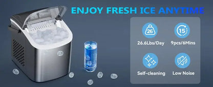 COWSAR Bullet Ice Maker Countertop with Self-Cleaning, 26.5lbs/24Hrs, 6 Mins/9 Pcs Bullet Ice, Portable Ice Maker