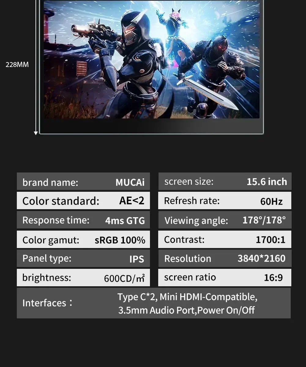 MUCAl 15.6 Inch Touch Portable Monitor 4K Travel Display Screen UHD 3840*2160 For Laptop Phone Switch PS4 Ps5 XboX MacBook